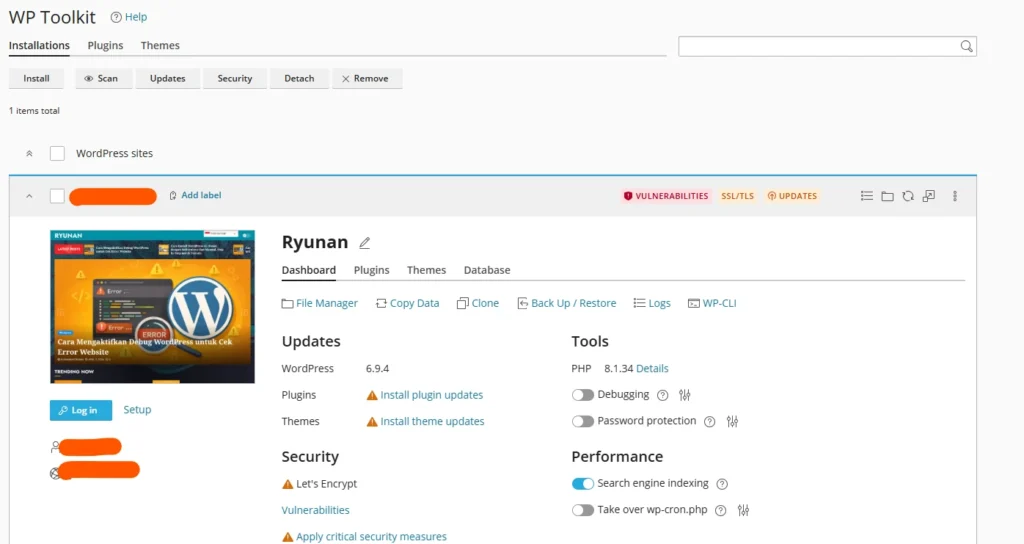 dashboard wordpress toolkit